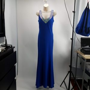 V Neck Long Gown Rhinestones Mermaid Sz M Blue